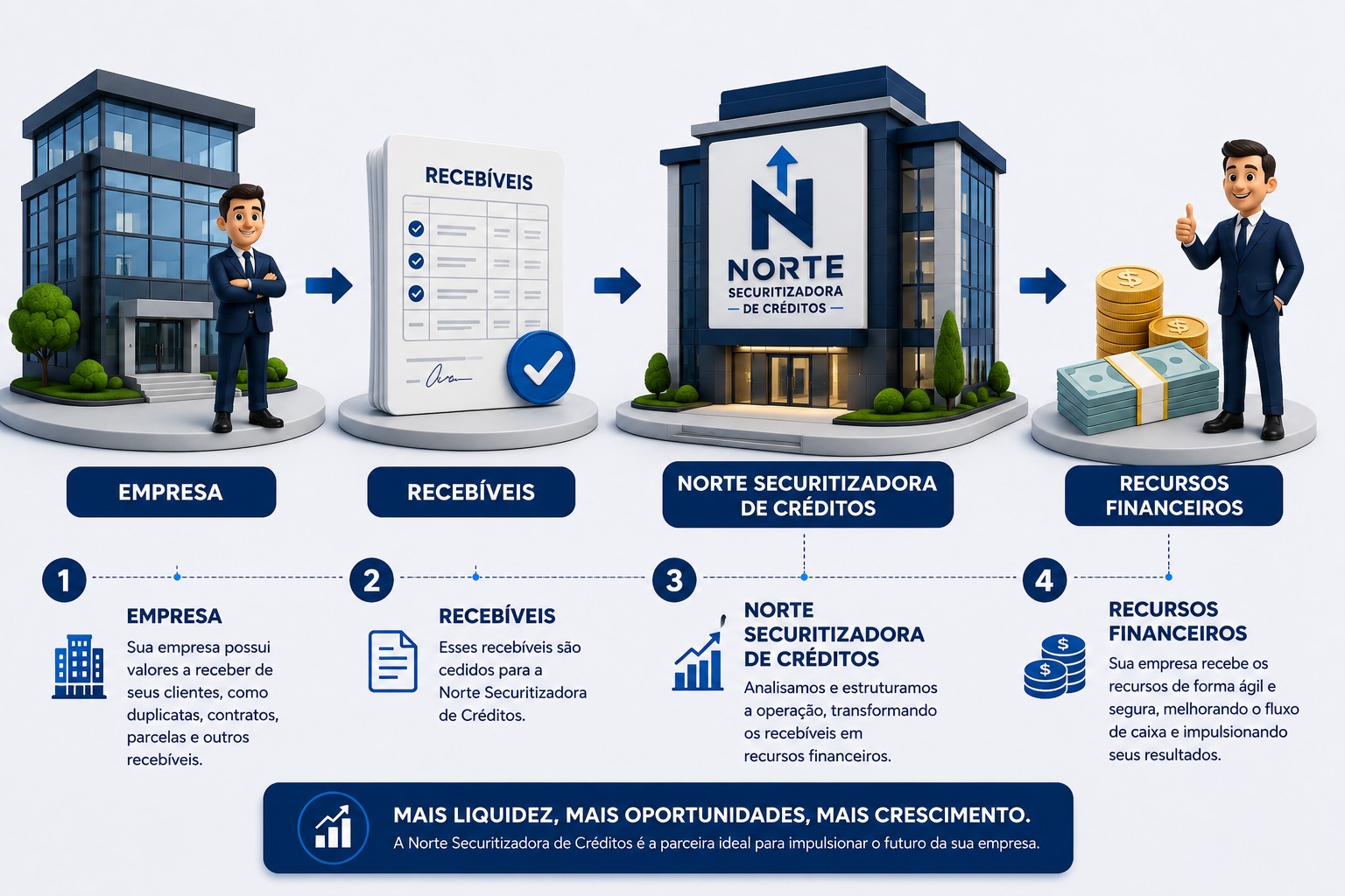 Fluxo em quatro etapas: a empresa cede recebíveis à Norte Securitizadora de Créditos, que estrutura a operação e devolve recursos financeiros.